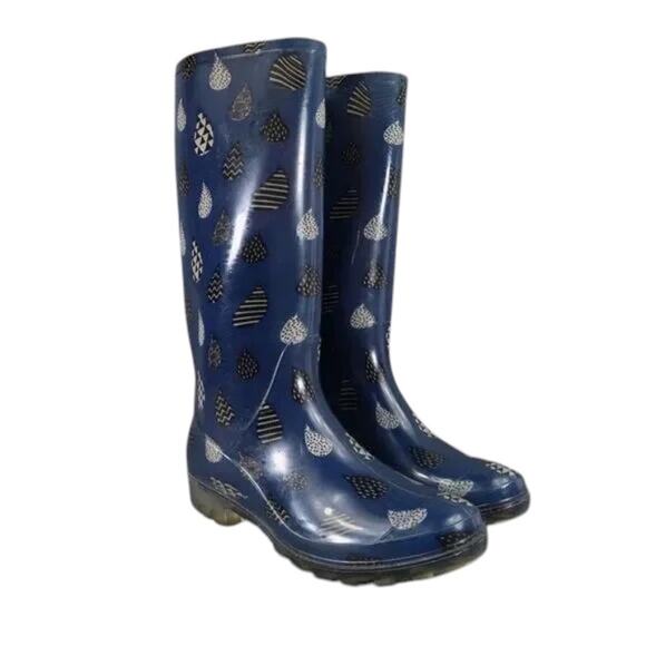 Toms Shoes Womens 7 Rain Boots Rubber Print Pull On Cabrilla Round Toe Blue Tall - Picture 15 of 15